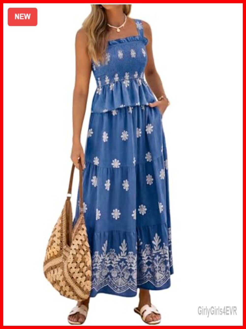 Womens 2 Piece Skirt Set Smocked Ruffle Hem Tank Top Maxi Skirt Pockets